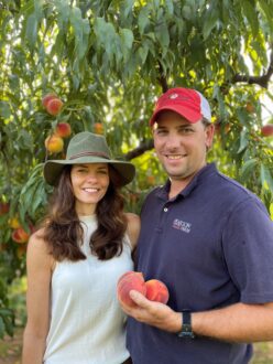 Lanier and Lawton Pearson. Because peaches are difficult to mechanize, Lawton Pearson believes peaches will be one of the last fruits to be harvested by machine.