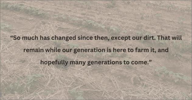 Quote in black text over dirt from a farmer's field. Photo courtesy of Burger's Farm.