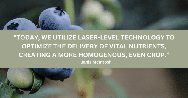 Quote from Naturipe Farms feature article, with blueberries pictured in the background.